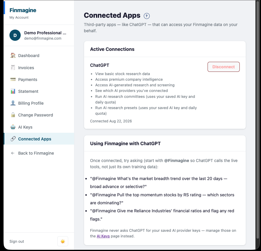 Finmagine's Connected Apps page showing an active connection labeled 'ChatGPT', with the granted scopes listed and a Disconnect button