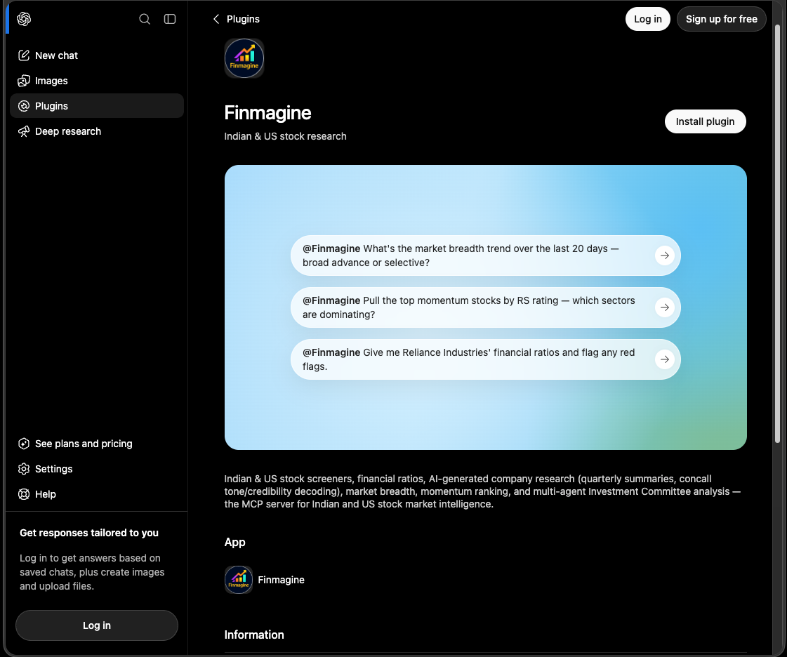 Finmagine's public listing in ChatGPT's Plugins directory, viewable while logged out, with an Install plugin button and the three starter prompts