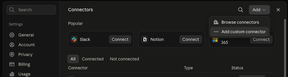 Claude's Connectors settings page with the Add dropdown open, showing 'Browse connectors' and 'Add custom connector' options