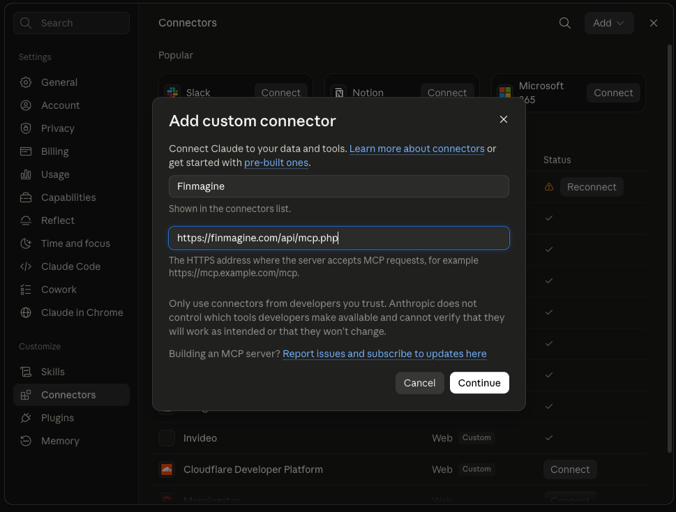 Claude's Add custom connector dialog with 'Finmagine' as the name and https://finmagine.com/api/mcp.php as the server URL
