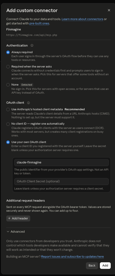 Claude's authentication and OAuth client options screen, showing three choices: Anthropic's hosted client metadata, automatic registration, and your own OAuth client