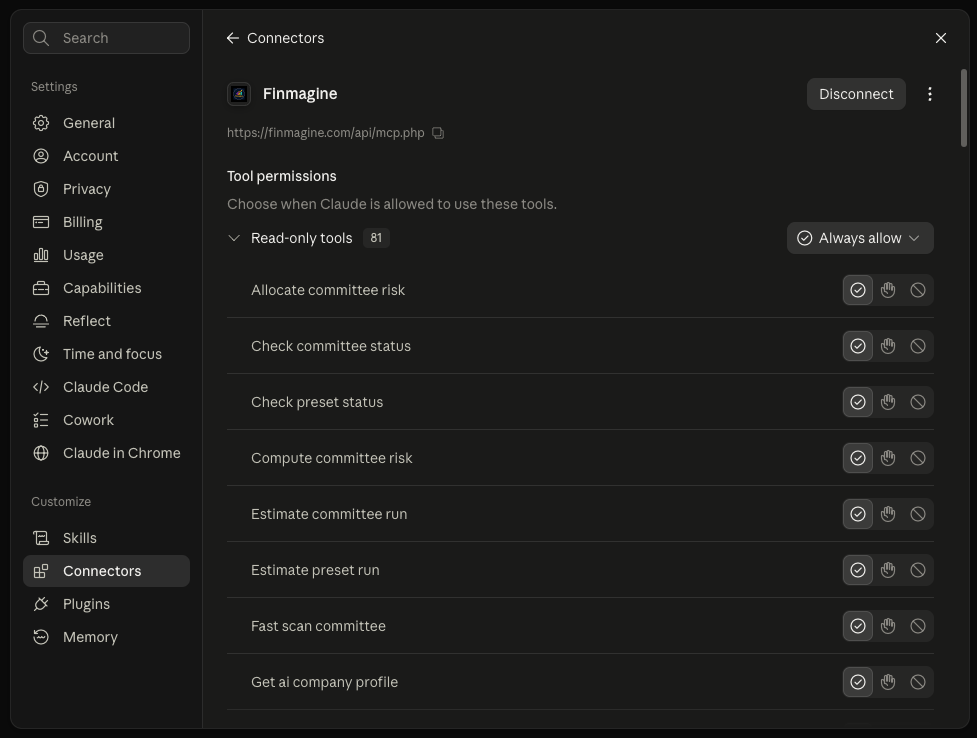 Claude's tool permissions screen for the Finmagine connector, showing 81 read-only tools with Always allow / Ask / Never controls for each