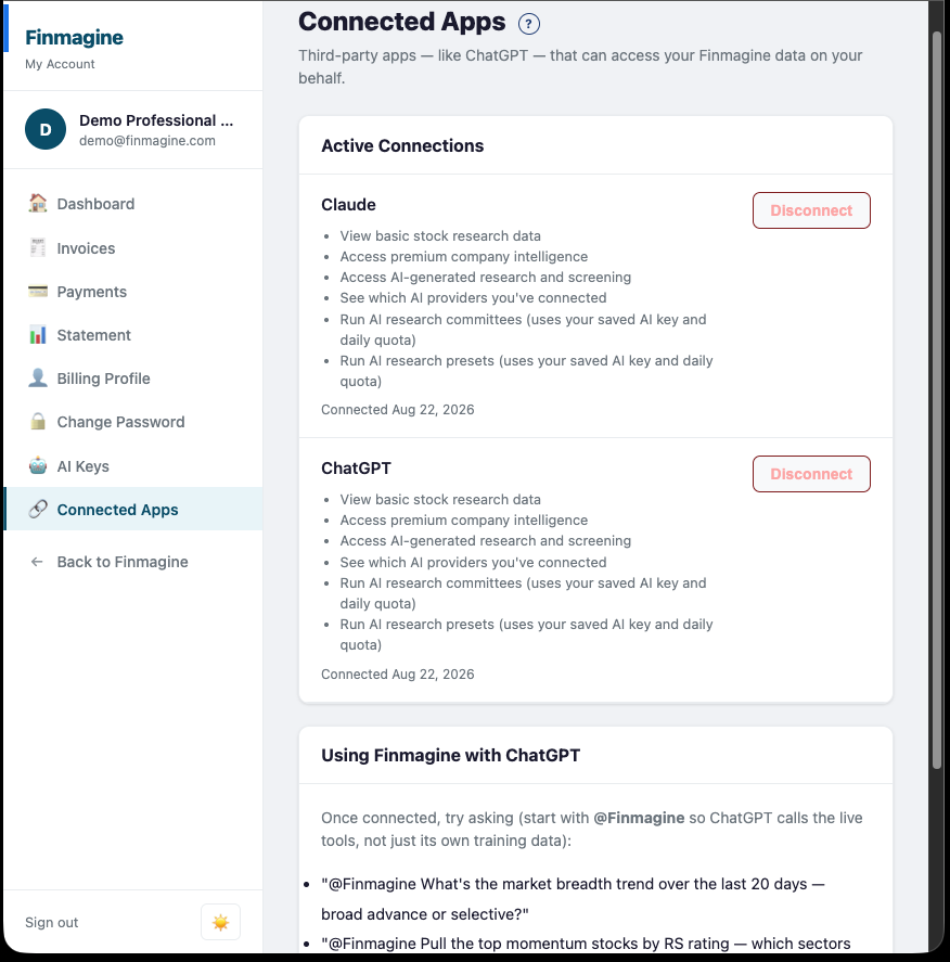 Finmagine's Connected Apps page showing two active connections, labeled 'Claude' and 'ChatGPT', each with their granted scopes and a Disconnect button