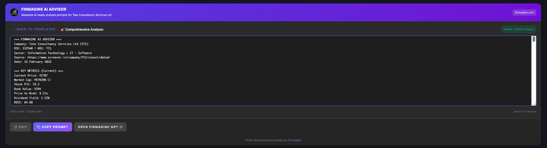 Comprehensive Analysis prompt generated for TCS showing key metrics, health score badge, and structured financial data