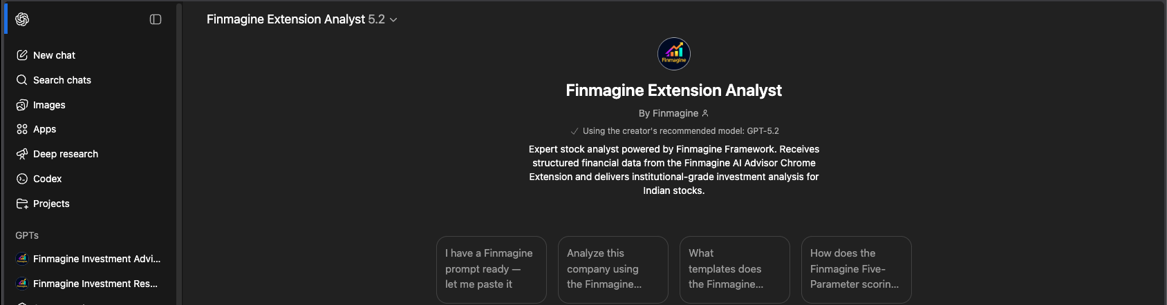 Finmagine Extension Analyst Custom GPT on ChatGPT - Expert stock analyst powered by Finmagine Framework, running on GPT-5.2