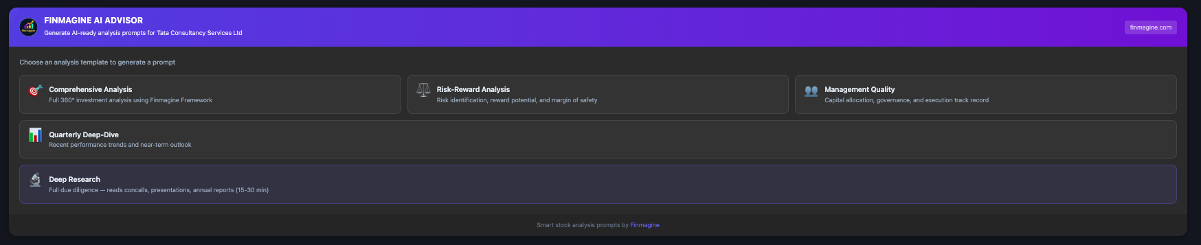 Finmagine AI Advisor panel on Screener.in showing 5 analysis template cards for TCS