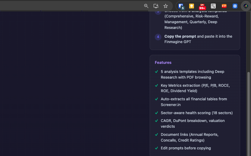 Finmagine AI Advisor Chrome Extension popup showing feature list: 5 templates, key metrics extraction, financial tables, sector-aware scoring, document links, and edit-before-copy