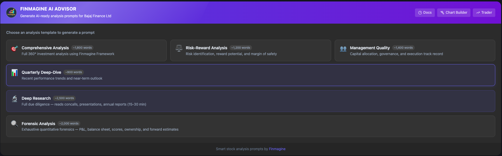 Finmagine AI Advisor extension showing 12 analysis templates for Indian stocks — Business KPIs Deep Dive, Forensic Analysis, Comprehensive, Risk-Reward, Management Quality, Quarterly Deep-Dive, Deep Research, Forensic Governance, Peer Comparison, Investor Panel, Ask Anything, and Sector & Theme Analysis