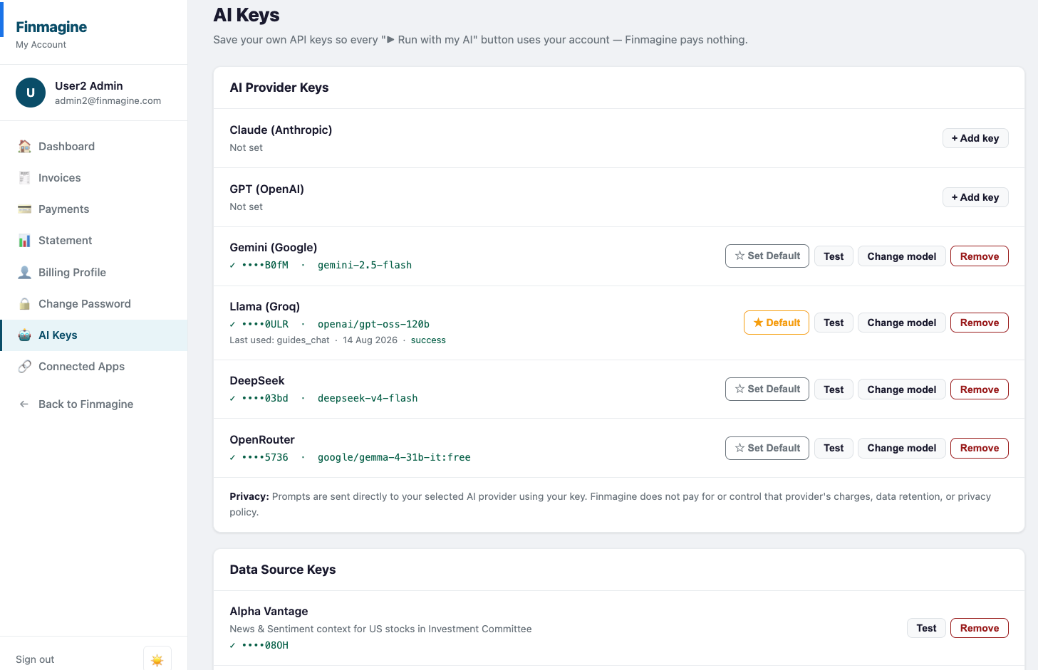 Finmagine's AI Keys page showing the AI Provider Keys section (Claude, GPT, Gemini, Llama/Groq, DeepSeek, OpenRouter) and the Data Source Keys section (Alpha Vantage) below it