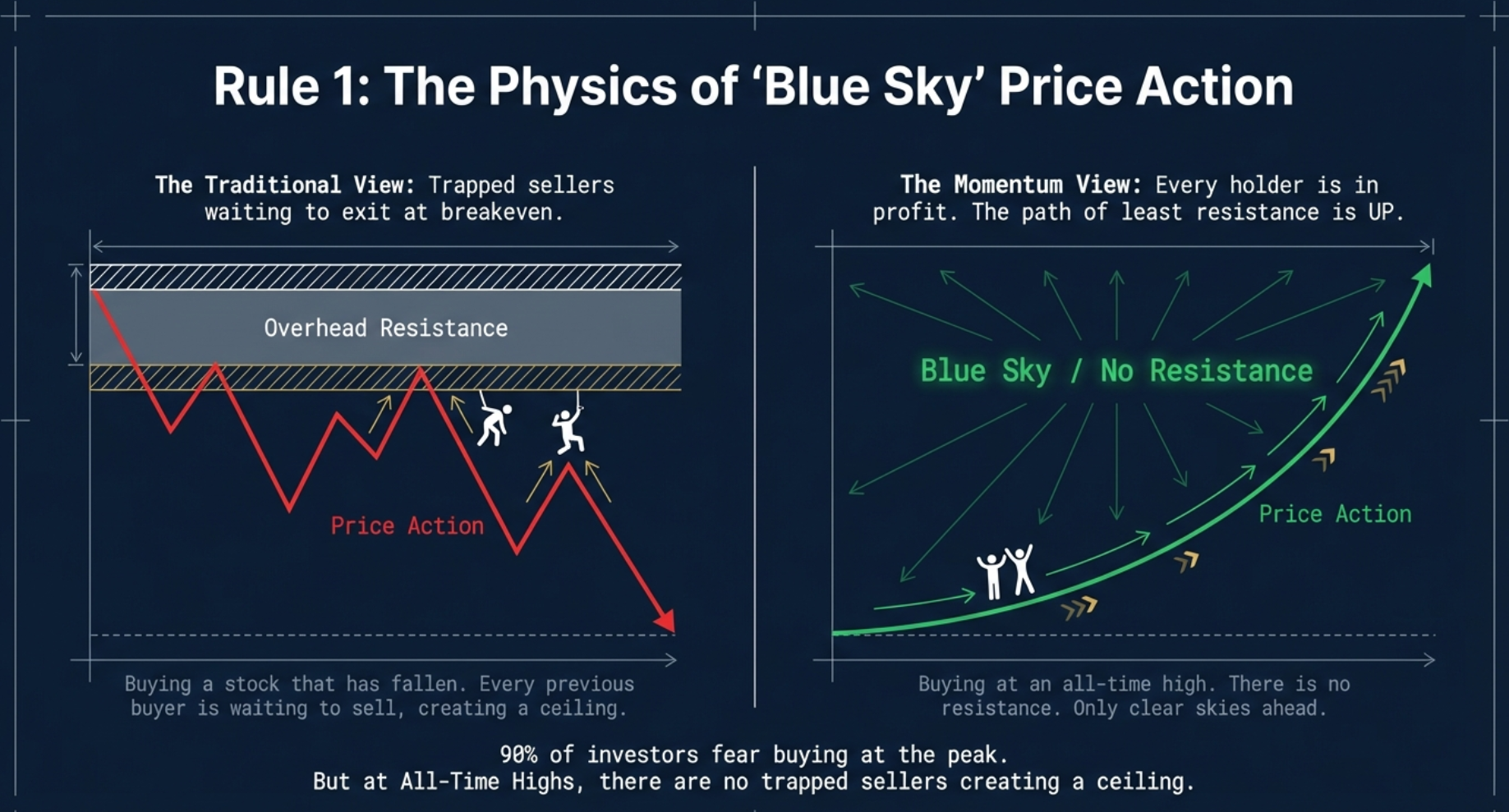 Three-step breakout pattern — showing the dip below 200-day MA, the rocket recovery above it, and the all-time high breakout entry trigger