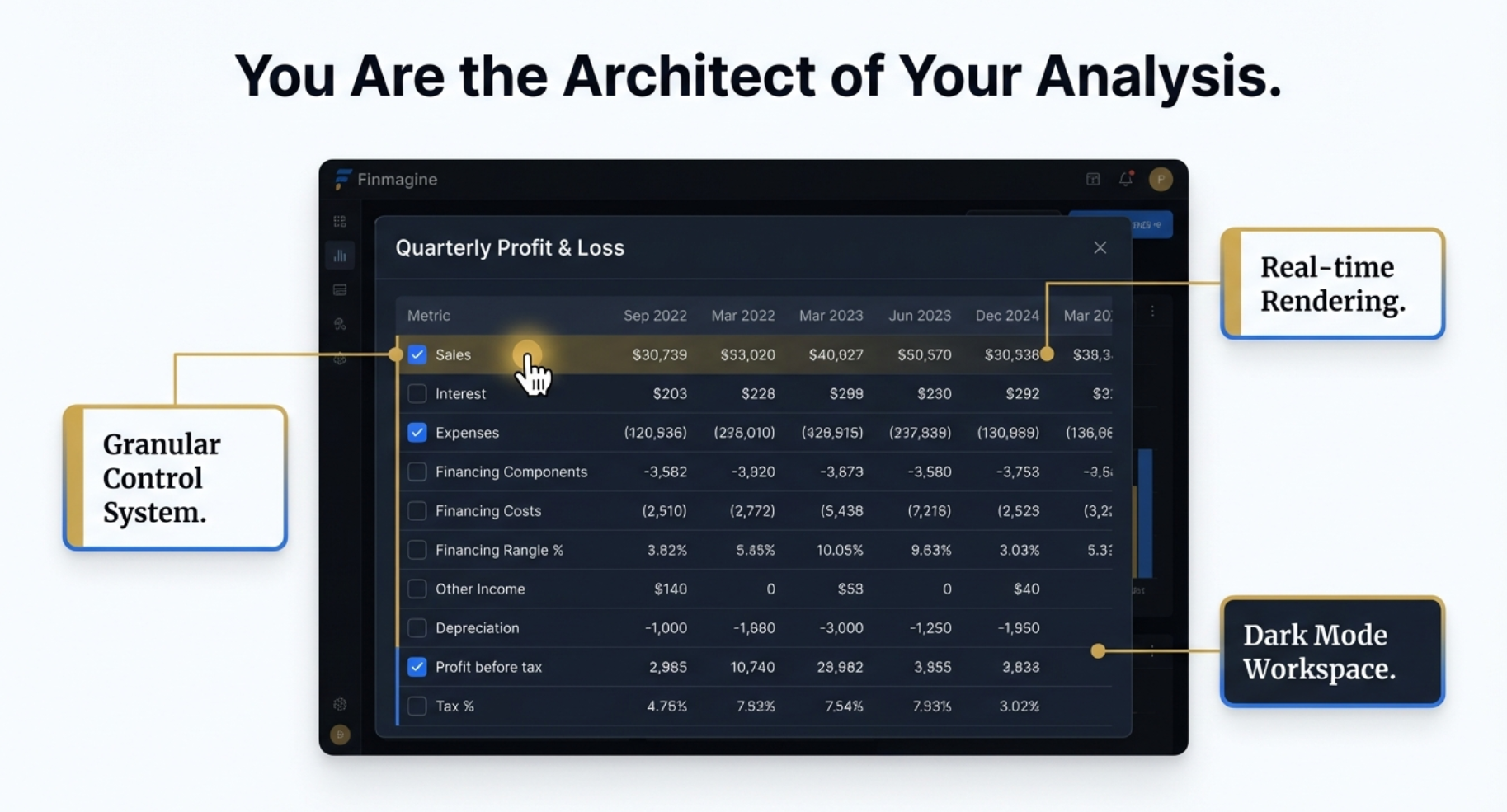 Granular control system with real-time rendering and dark mode workspace