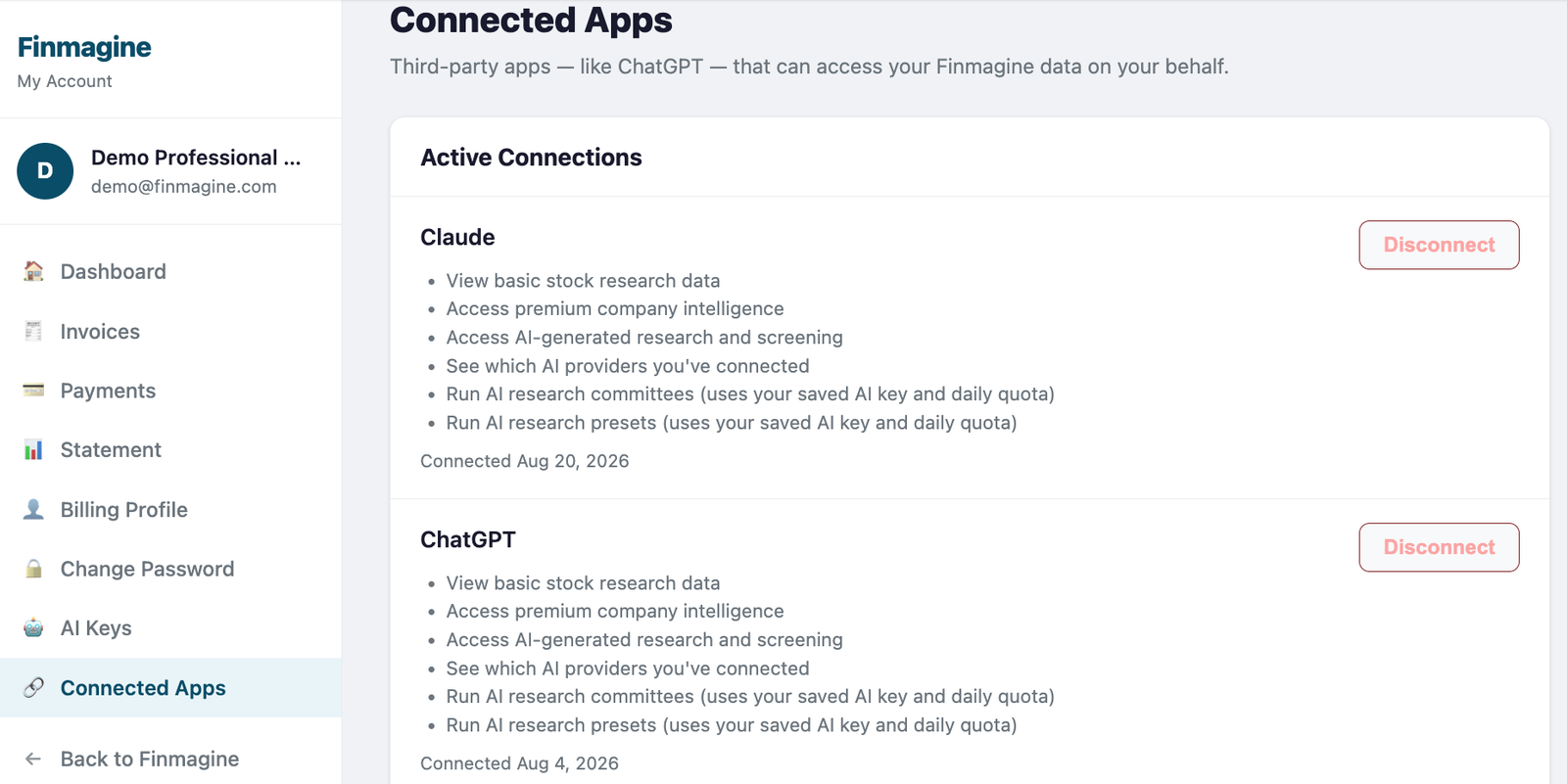 Finmagine's Connected Apps page showing two active OAuth connections, labeled 'Claude' and 'ChatGPT' — not 'Finmagine'
