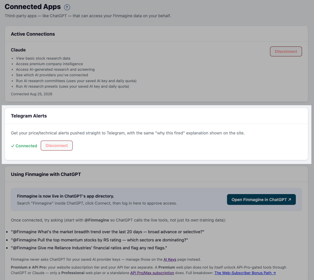 The Connected Apps page with the Telegram Alerts card highlighted, showing a green ✓ Connected status and a Disconnect button