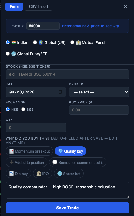 Finmagine Portfolio Manager trade drawer — Quality buy chip selected, showing all 7 thesis category chips with one highlighted and additional context in the text area