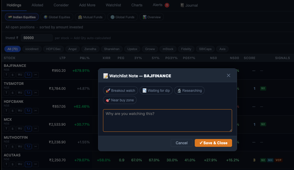 Finmagine Portfolio Manager Watchlist tab — WJ button visible on watchlist row with inline note panel expanded showing 4 intent chips and free-text area