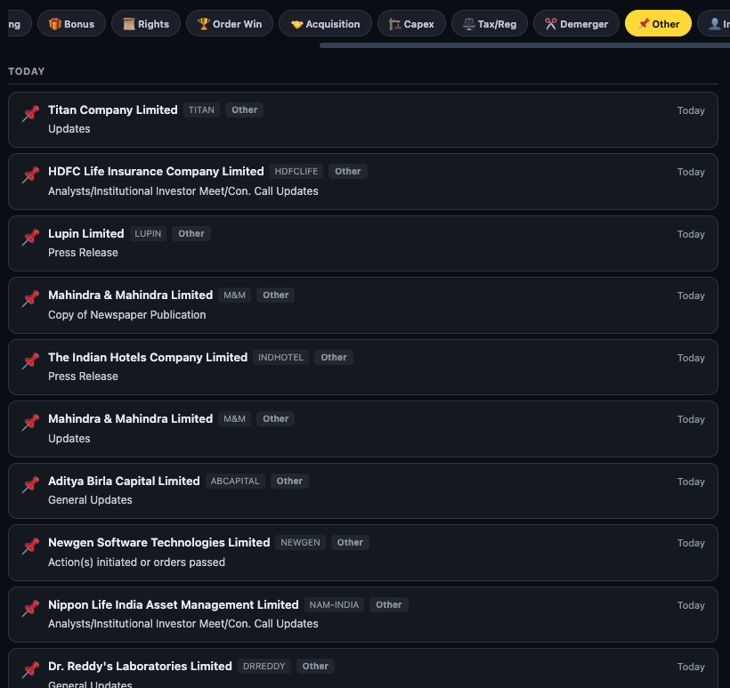 Finmagine Feed Other filter showing miscellaneous NSE announcements including ESOP/Warrants, newspaper publications, press releases, legal proceedings for HDFC Life, Lupin, Indian Hotels, M&M, Hexagon Software