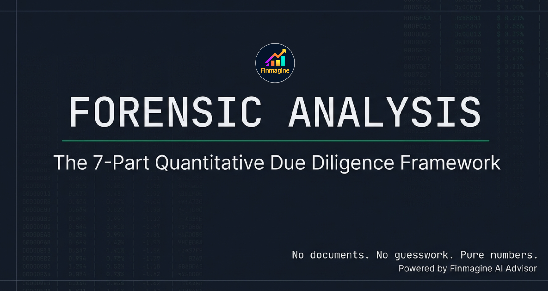 Forensic Analysis: The 7-Part Quantitative Due Diligence Framework — No documents. No guesswork. Pure numbers. Powered by Finmagine AI Advisor.