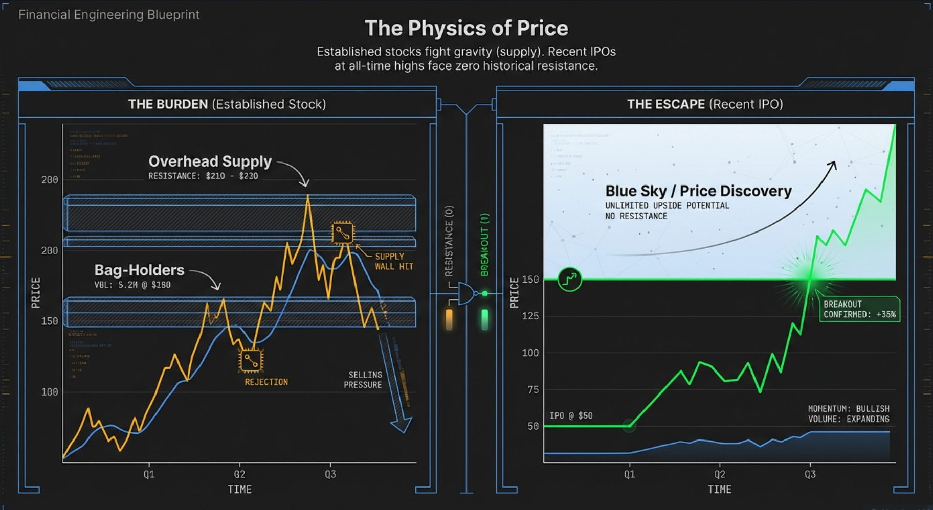 The Physics of Price: established stocks fight gravity (overhead supply); recent IPOs at all-time highs face zero historical resistance