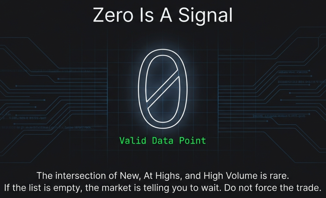 Zero Is A Signal — the intersection of New, At Highs, and High Volume is rare. If the list is empty, the market is telling you to wait.