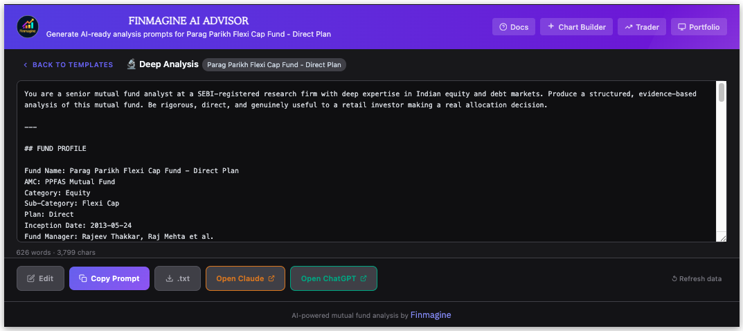 Deep Analysis prompt generated and displayed in the Finmagine panel — 626 words of structured financial context
