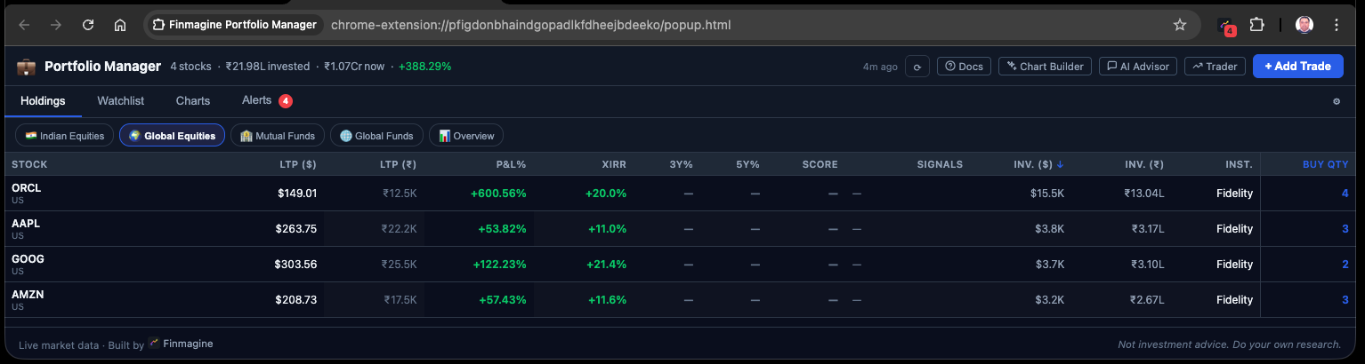 Finmagine Portfolio Manager GL_EQ tab — US stocks with USD prices and ₹-converted values