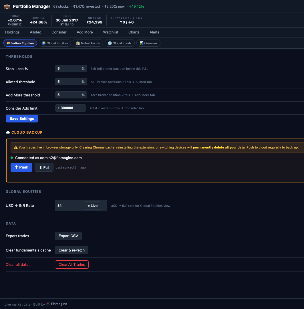 Finmagine Portfolio Manager Settings — USD/INR FX rate configuration