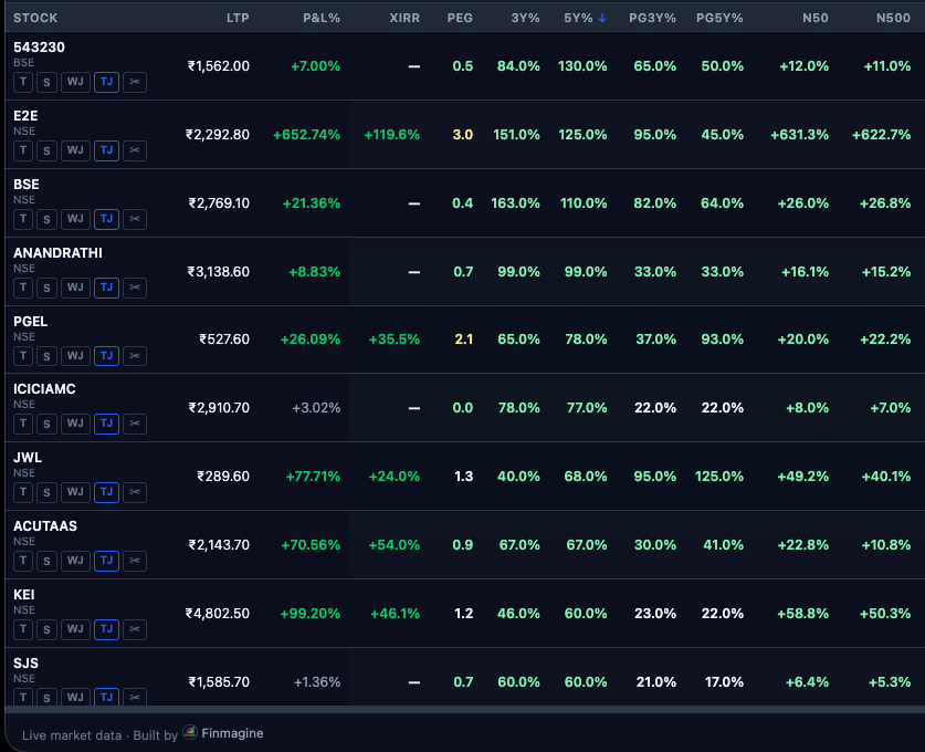 Finmagine Portfolio Manager Holdings tab showing PG3Y% and PG5Y% profit growth CAGR columns alongside the existing 3Y% and 5Y% price CAGR columns — colour-coded green amber red
