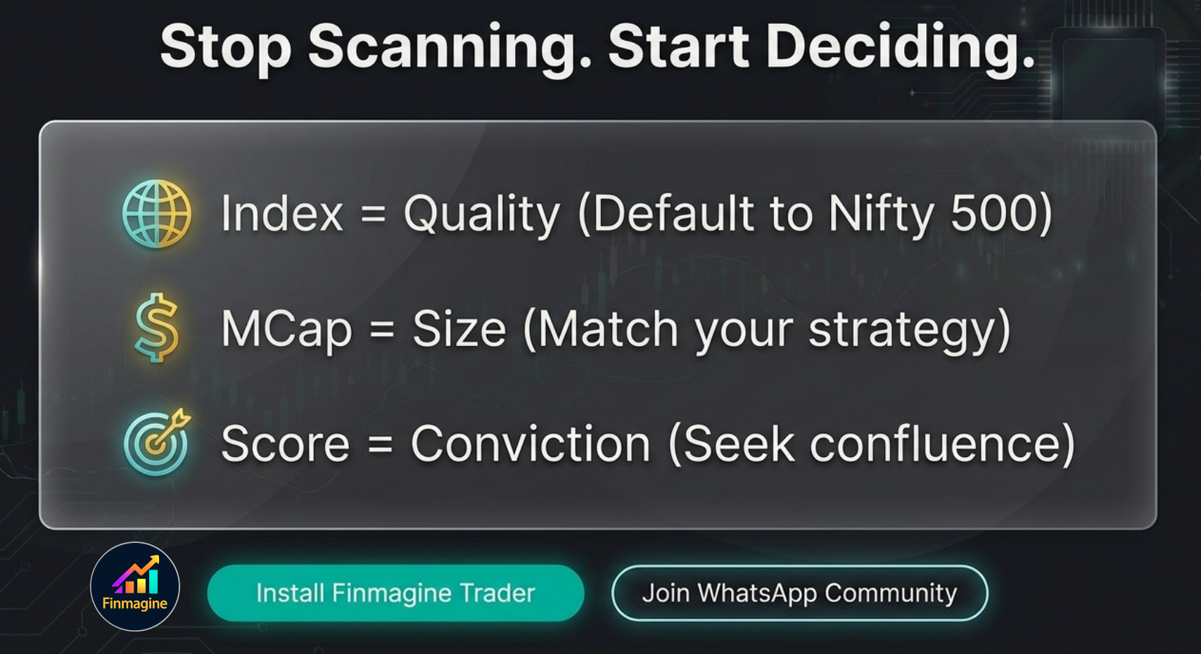 Stop Scanning. Start Deciding. Index = Quality (Nifty 500), MCap = Size (match your strategy), Score = Conviction (seek confluence)