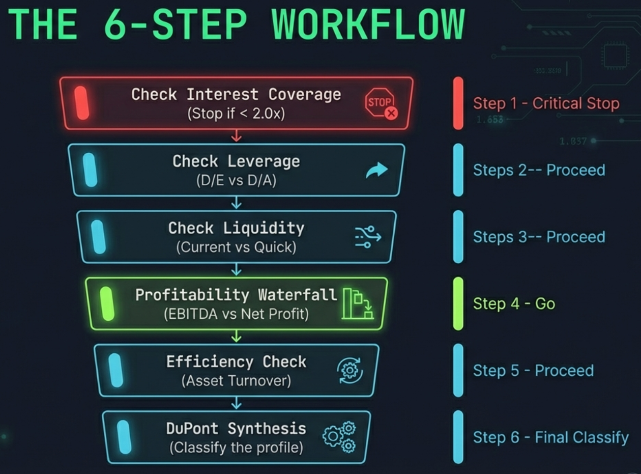 6-Step Workflow flowchart — Step 1: Interest Coverage (survival gate), Step 2: D/E + D/A (leverage check), Step 3: Current + Quick Ratio (liquidity), Step 4: EBITDA → Net Profit waterfall (profitability), Step 5: Asset + Fixed Asset Turnover (efficiency), Step 6: DuPont verdict (ROE quality)