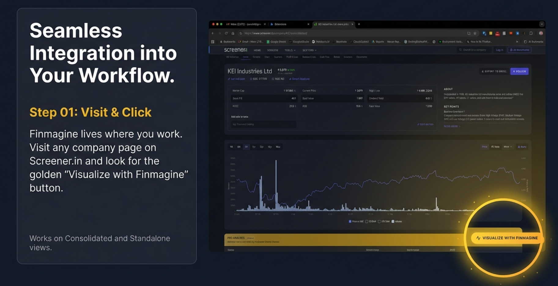 Step 1: Visit Screener.in and click Visualize with Finmagine button