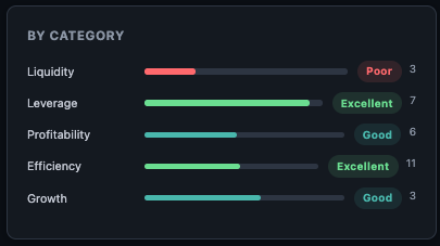 Finmagine ratios by category — Liquidity, Leverage, Profitability, Efficiency, Growth, Valuation