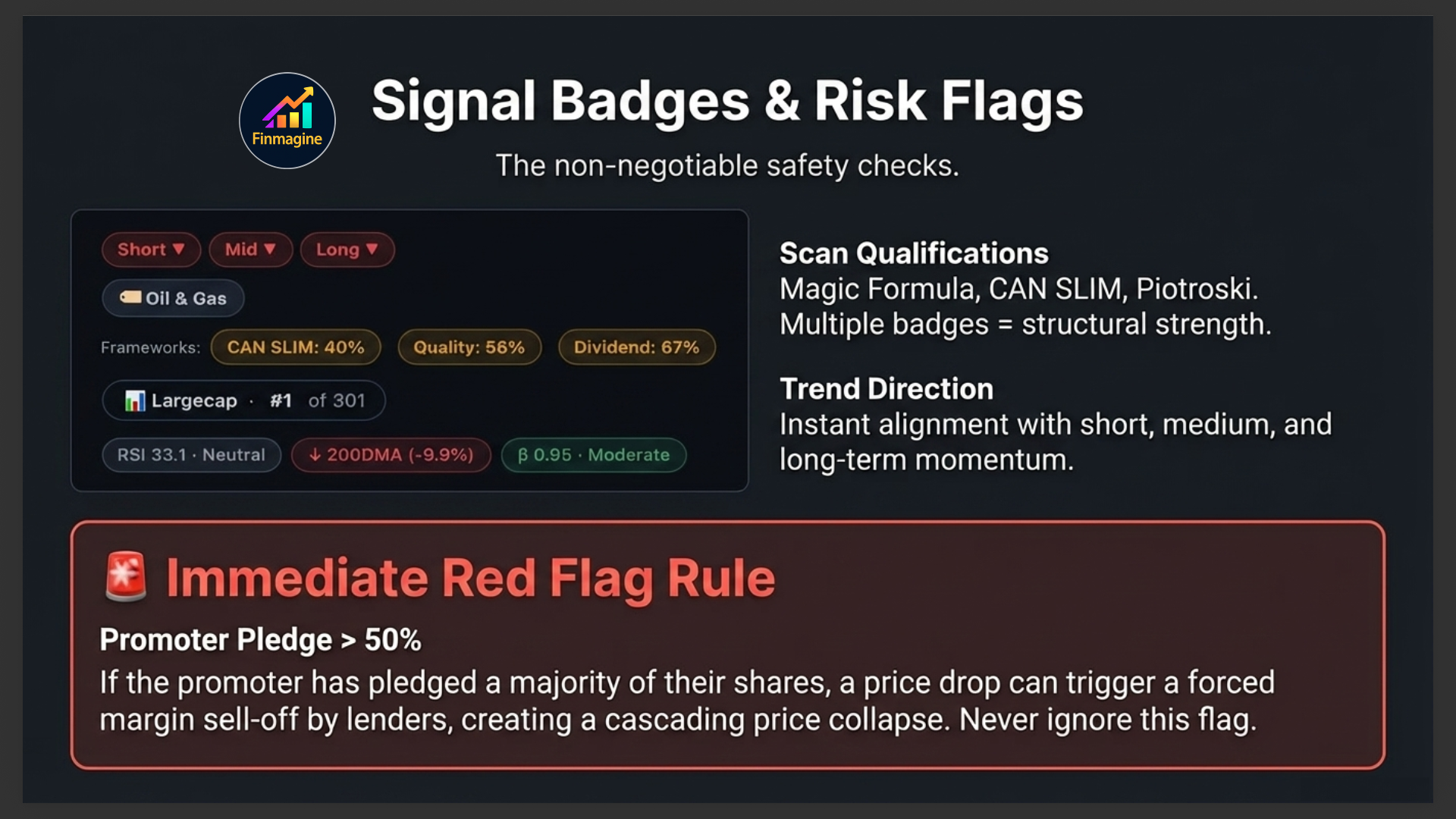 Signal Badges and Risk Flags slide showing scan qualifications, trend direction badges, and the Immediate Red Flag Rule for Promoter Pledge above 50%