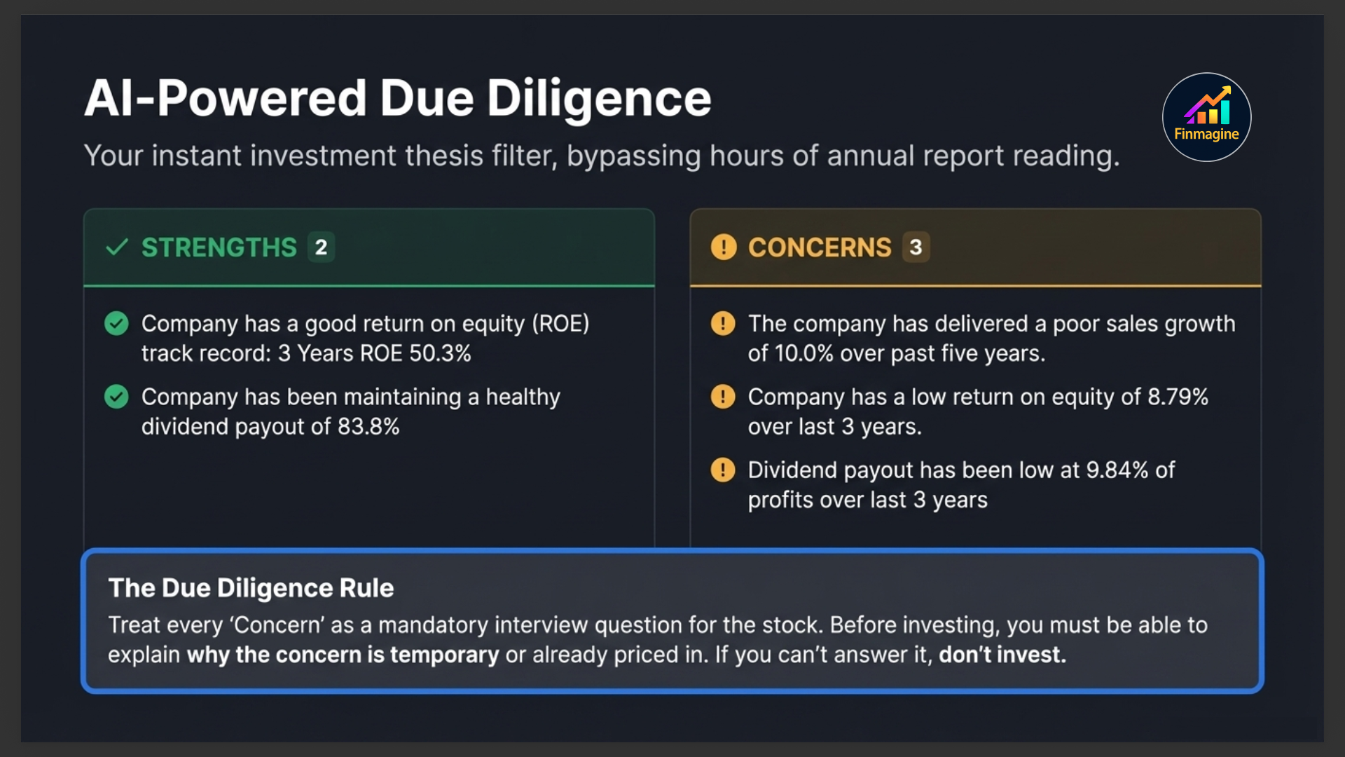 AI-Powered Due Diligence slide showing Strengths and Concerns side-by-side with The Due Diligence Rule: treat every Concern as a mandatory interview question before investing