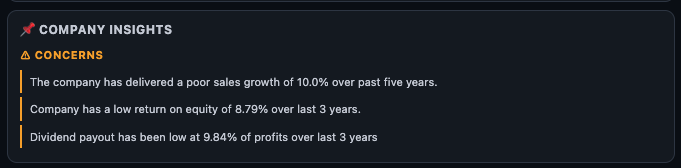 Company Insights section with narrative observations grouped by Strengths and Concerns