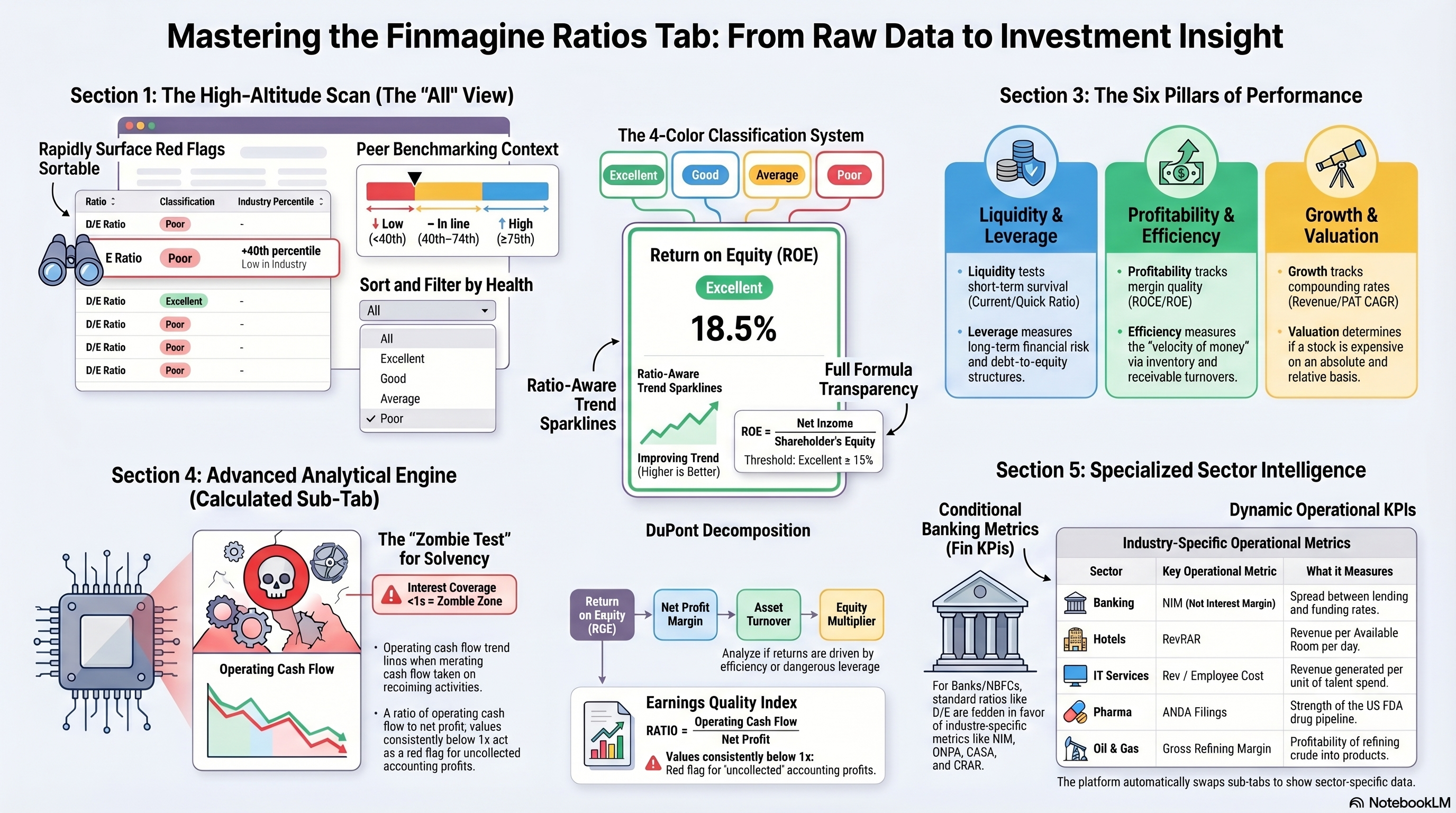 Financial Ratio Analysis Infographic — complete visual guide to the Finmagine Ratios tab