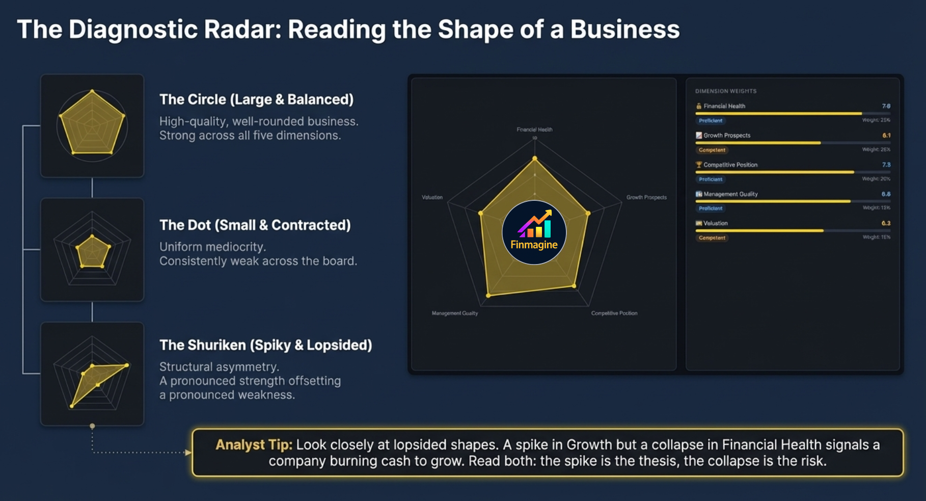 The Diagnostic Radar — three shape patterns: The Circle (large, balanced, high quality), The Dot (small, contracted, uniform mediocrity), The Shuriken (spiky, lopsided, structural asymmetry)
