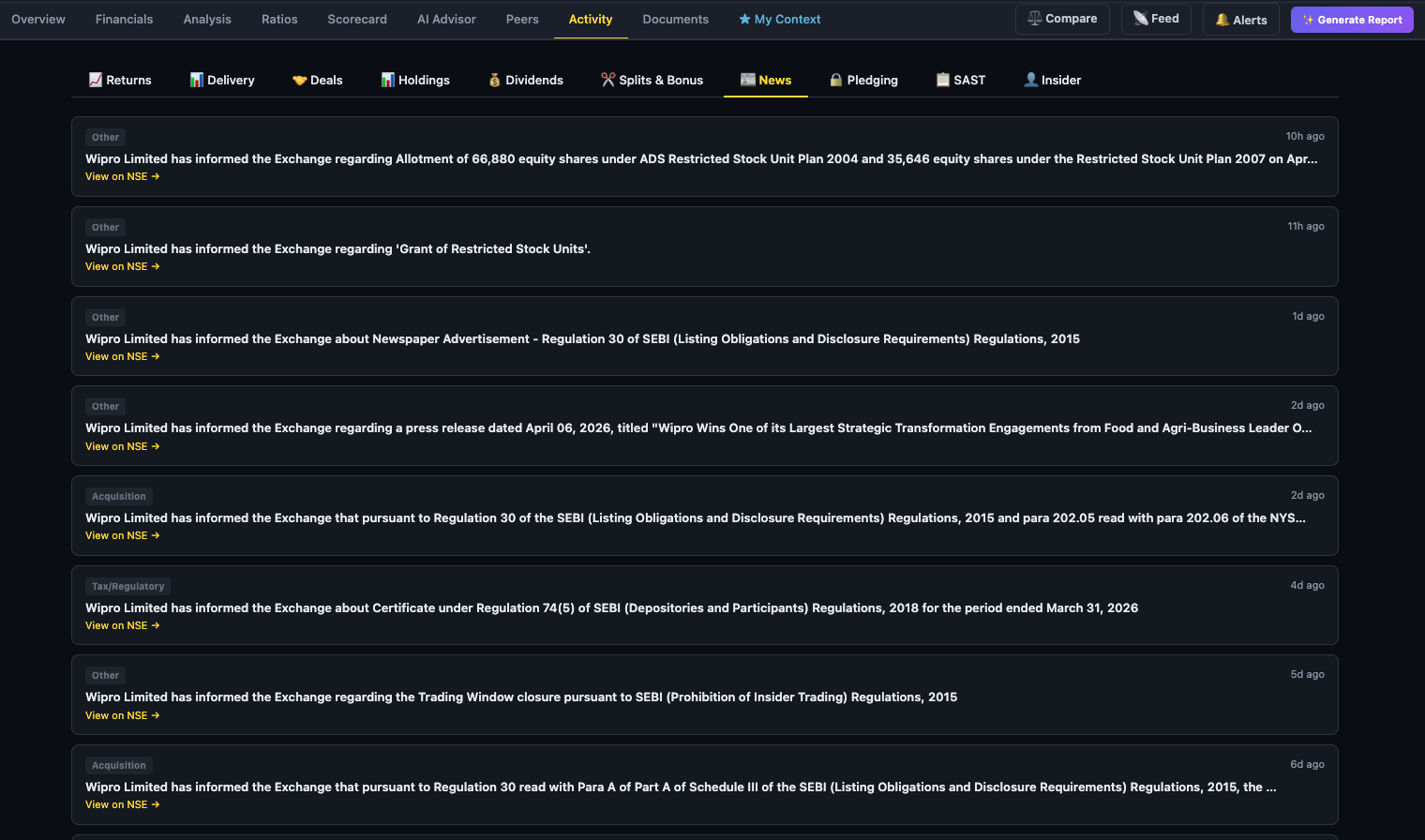 Finmagine News sub-tab showing NSE announcements feed with category tags like Other, Acquisition, Tax-Depository, Insider Trading and timestamps
