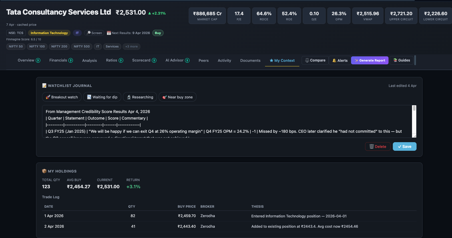 My Context tab showing Watchlist Journal with management quote tracking and My Holdings with trade log for TCS