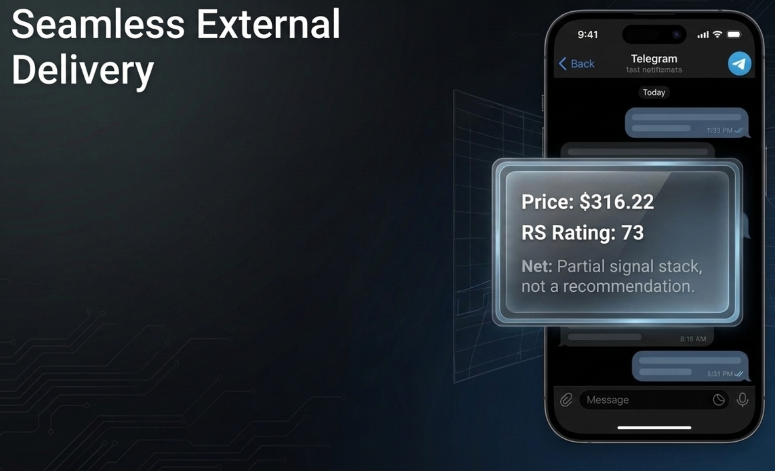Phone mockup: a Telegram alert message showing Price $316.22, RS Rating 73, and the note 'Net: Partial signal stack, not a recommendation' — matching the real alert delivered live in the video