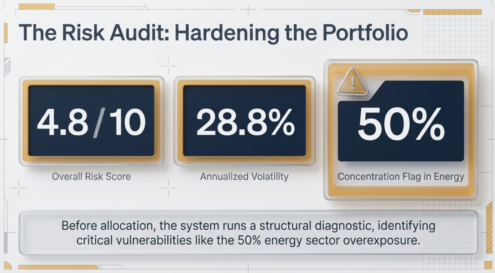 Diagram: The Risk Audit, Hardening the Portfolio. 4.8/10 Overall Risk Score. 28.8% Annualized Volatility. 50% Concentration Flag in Energy. Before allocation, the system runs a structural diagnostic, identifying critical vulnerabilities like the 50% energy sector overexposure