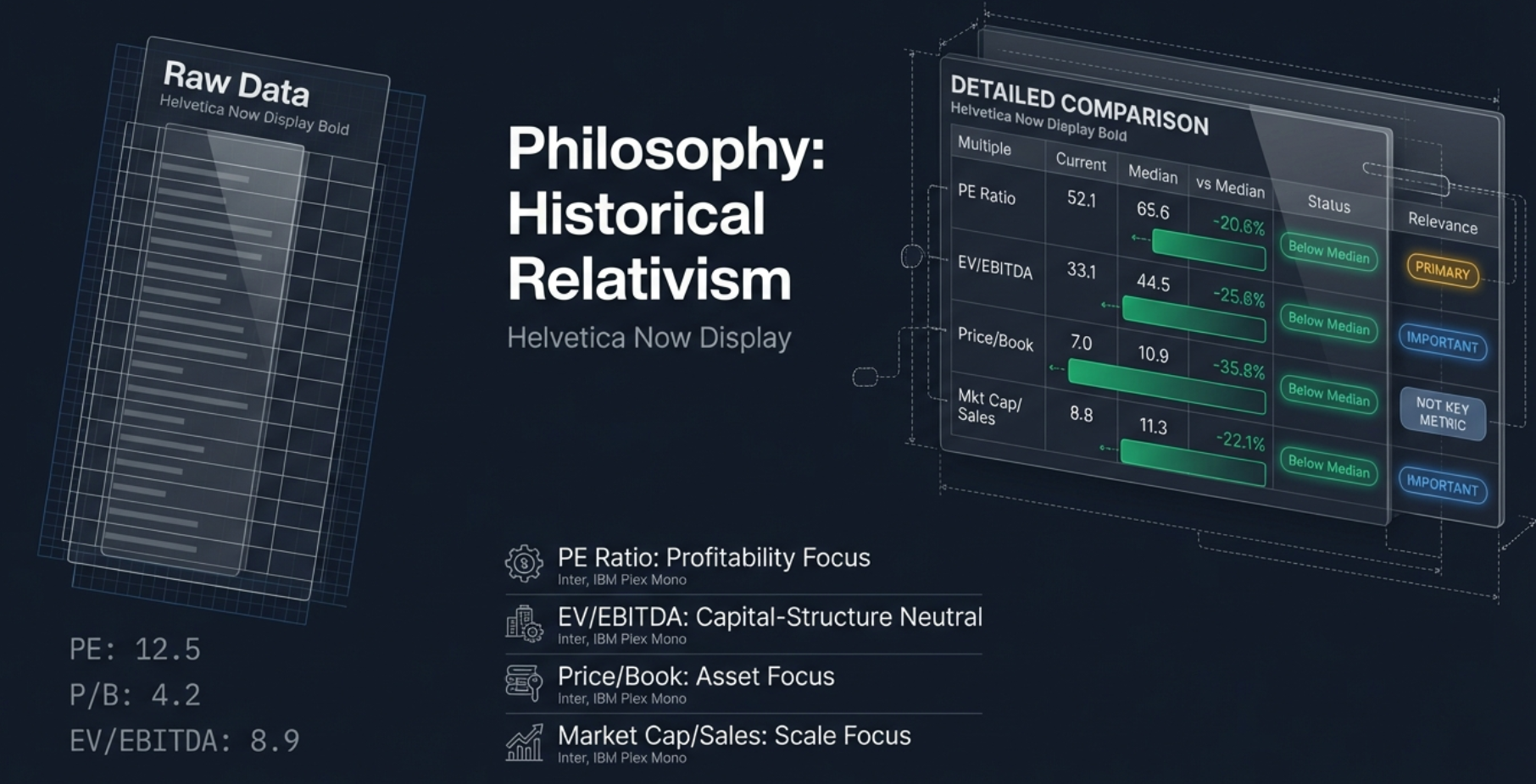 Philosophy: Historical Relativism - showing the four metrics (PE Ratio for Profitability, EV/EBITDA for Capital-Structure Neutral, Price/Book for Asset Focus, Market Cap/Sales for Scale Focus) with raw data transforming into a detailed comparison table