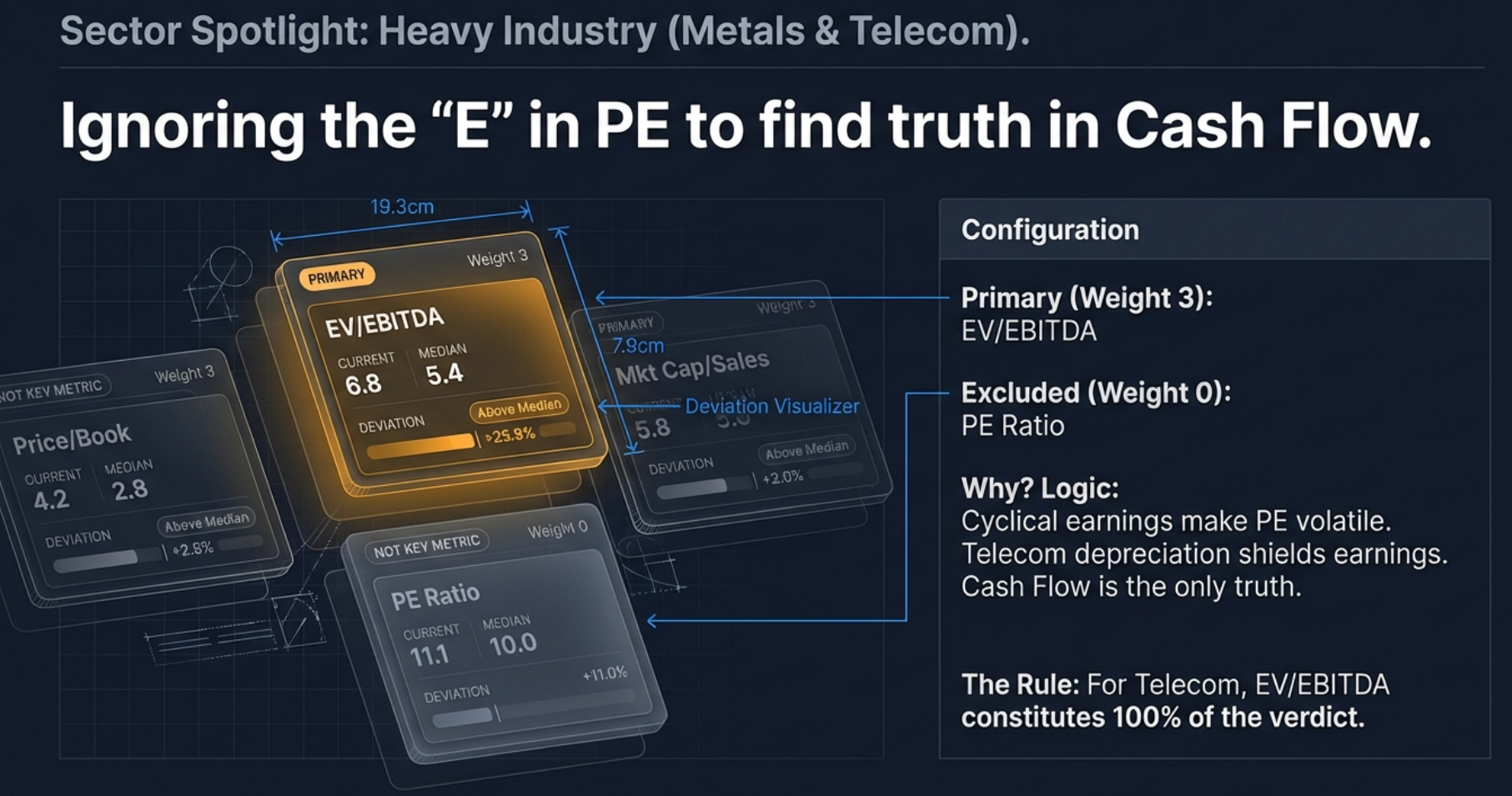 Sector Spotlight: Heavy Industry (Metals and Telecom). EV/EBITDA is Weight 3 Primary. PE Ratio is Weight 0 Excluded. Logic: Cyclical earnings make PE volatile for metals. Telecom depreciation shields earnings. Cash Flow is the only truth. For Telecom, EV/EBITDA constitutes 100% of the verdict.