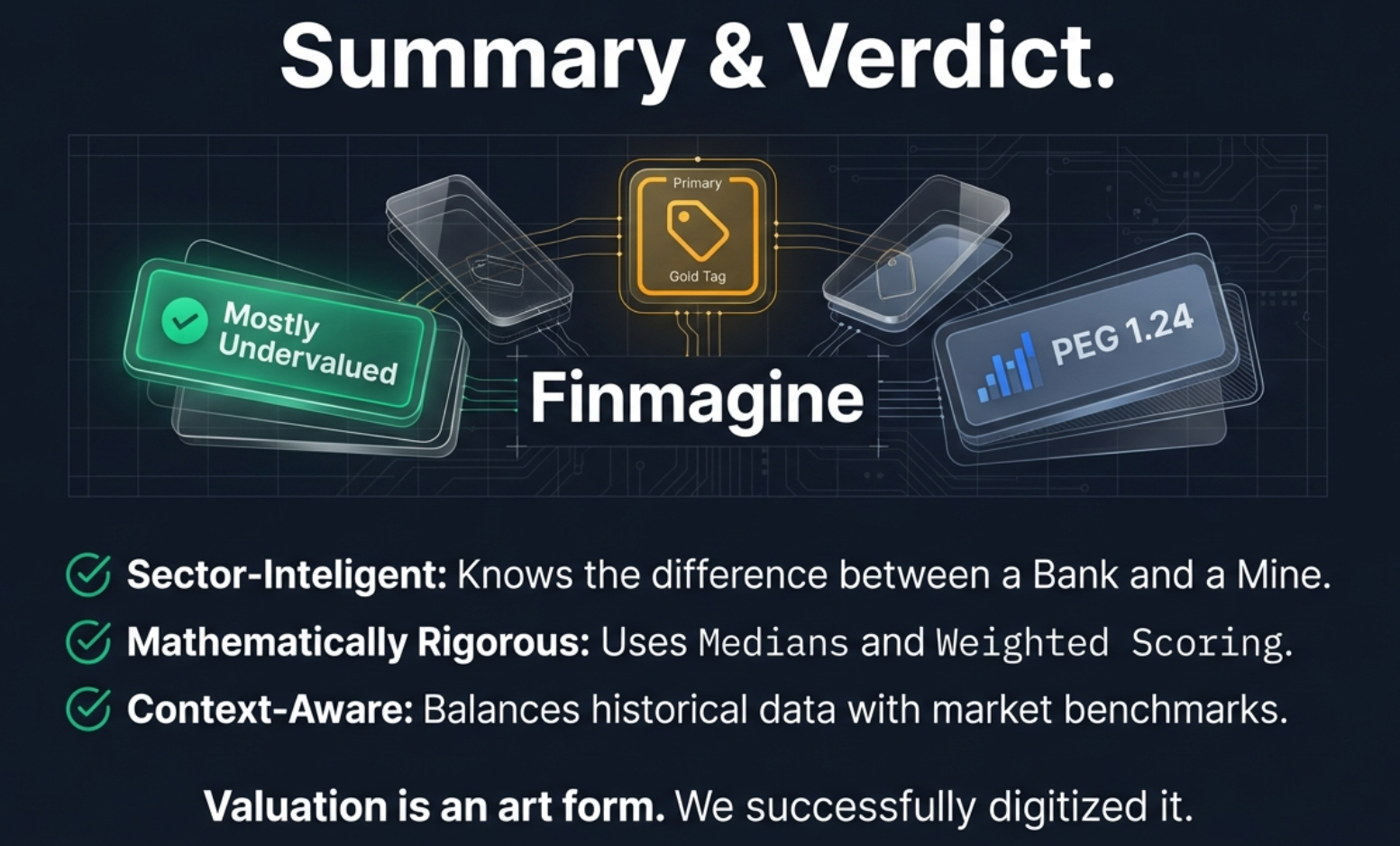 Summary and Verdict: Finmagine. Sector-Intelligent: Knows the difference between a Bank and a Mine. Mathematically Rigorous: Uses Medians and Weighted Scoring. Context-Aware: Balances historical data with market benchmarks. Valuation is an art form. We successfully digitized it.