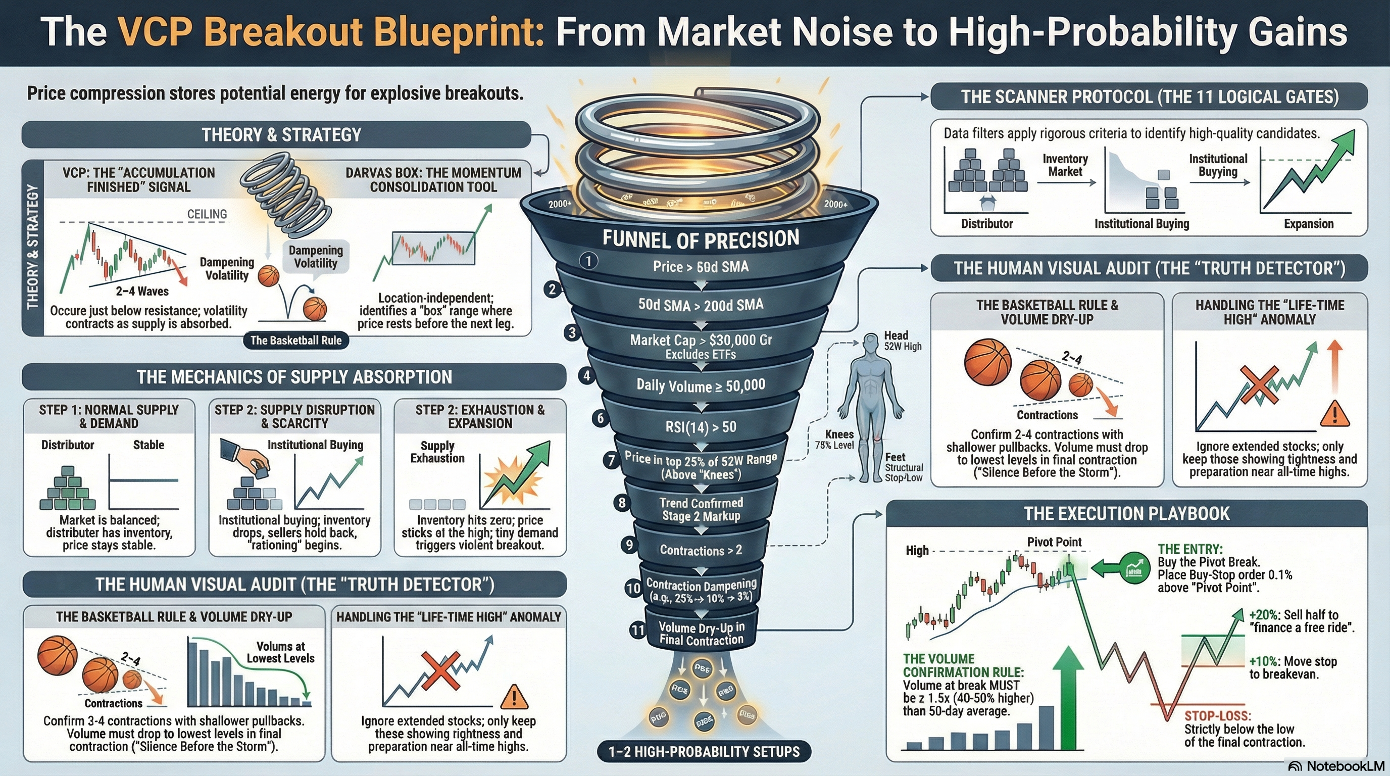 VCP Breakout Blueprint Trading Infographic: complete execution workflow from scanner to trade setup