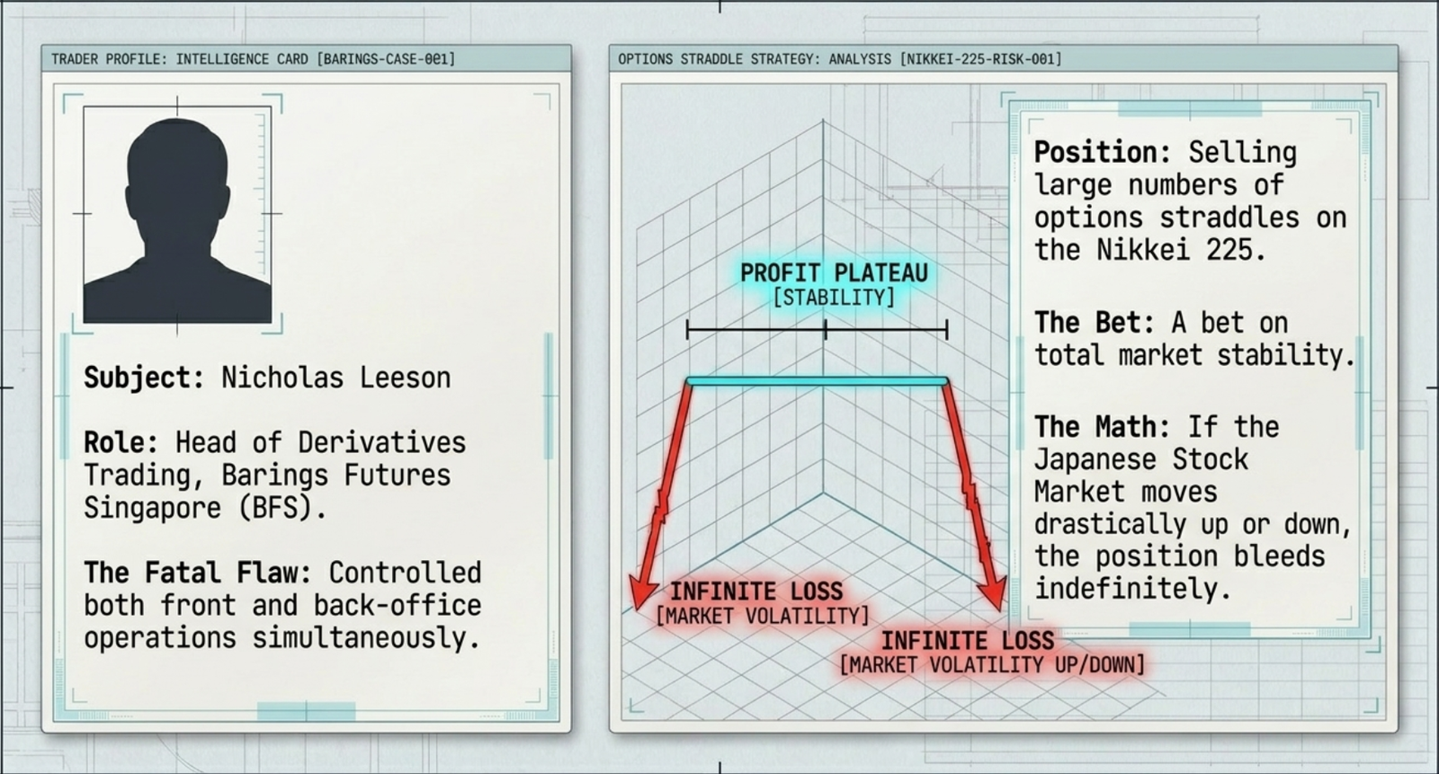 Barings collapse timeline: Kobe earthquake → Nikkei 225 falls → straddle losses mount → Leeson buys massive Nikkei futures → SGX-DT and OSE fail to cross-check → Barings bankrupt