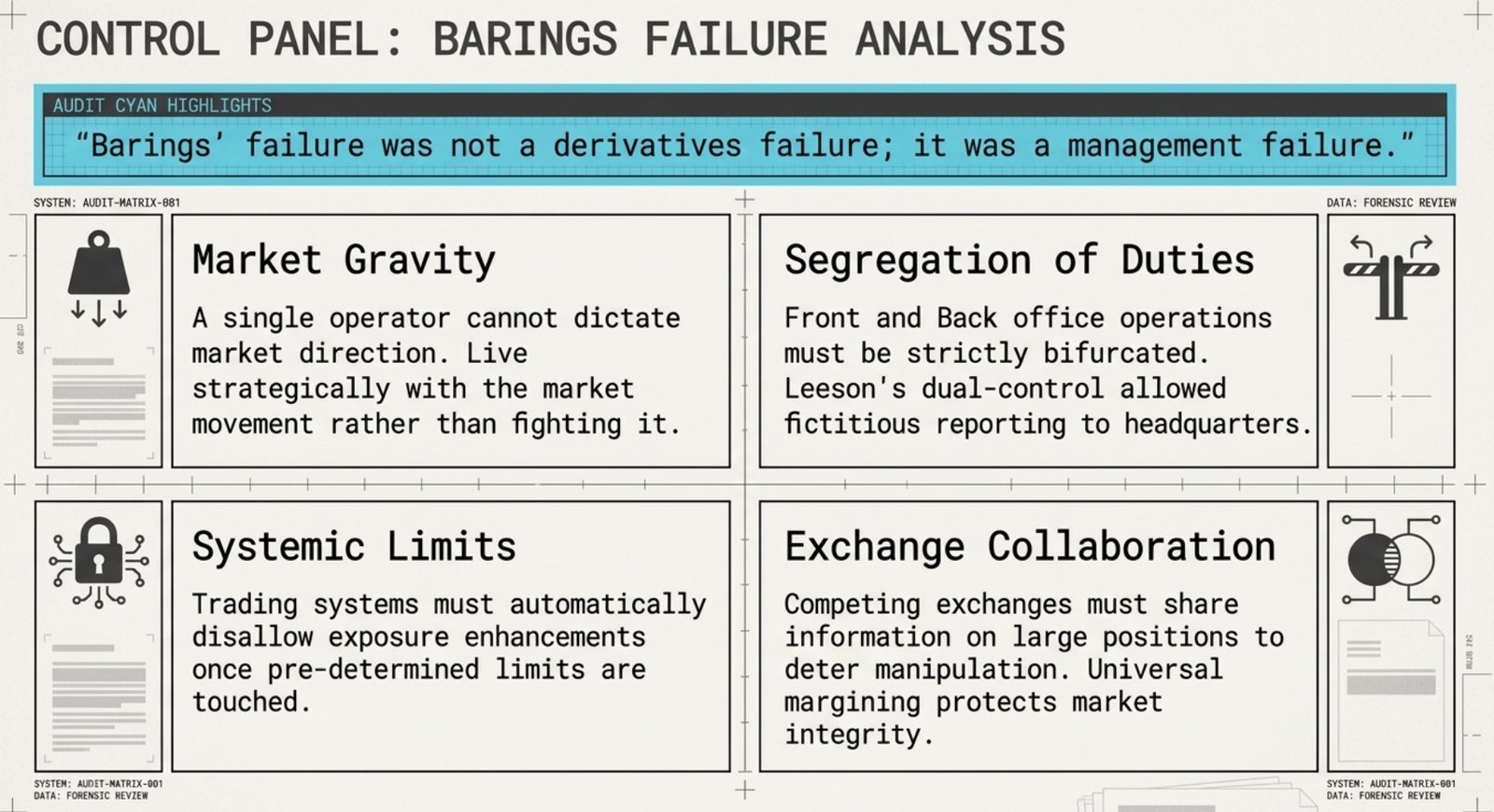Barings lessons 3–5: meticulous limit monitoring requires front/back office separation; exchanges must share information on large positions; universal margins apply to institutions and individuals alike