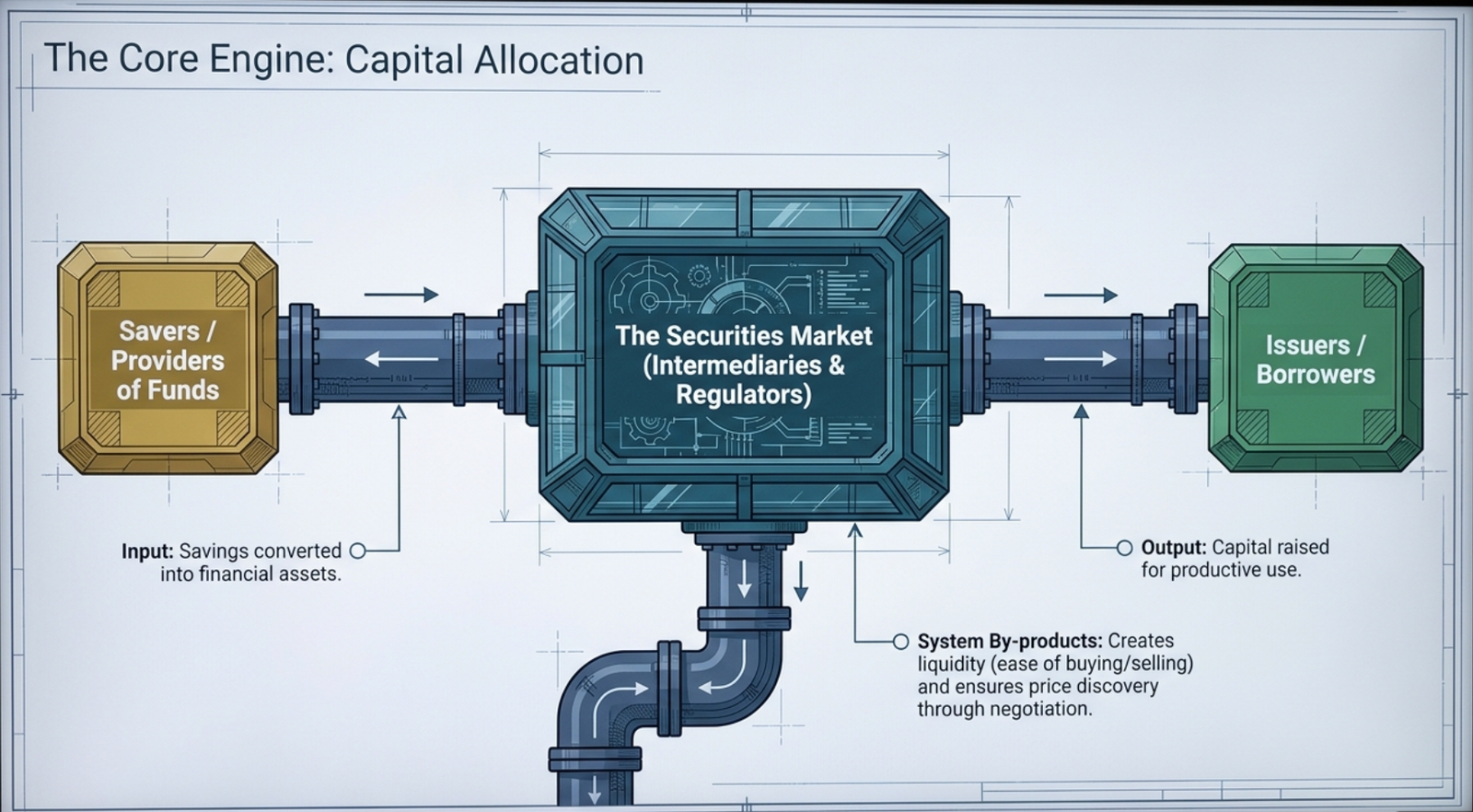 The Core Engine: Capital Allocation — Savers flow through Securities Market to Issuers