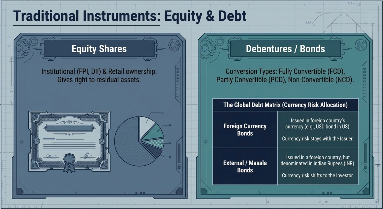 Traditional Instruments: Equity & Debt — share certificate vs debenture conversion types and global debt currency-risk matrix