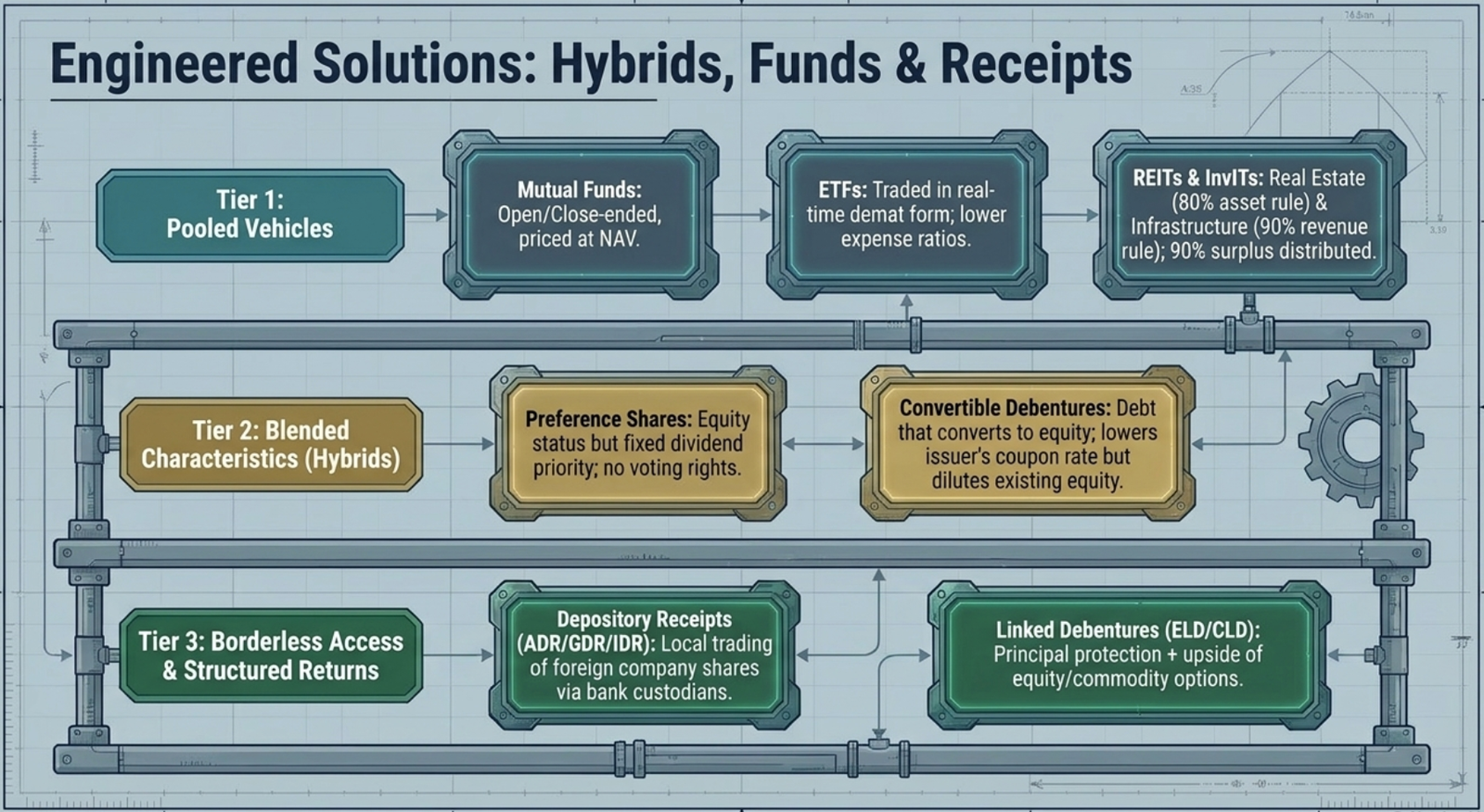 Engineered Solutions: Hybrids, Funds & Receipts — three tiers of pooled vehicles, hybrids, and borderless instruments