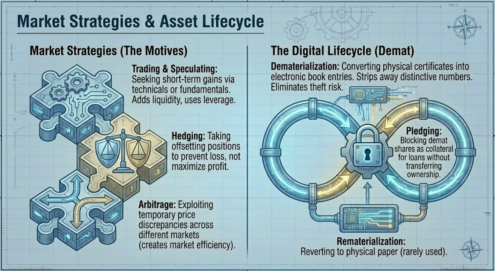 Market Strategies & Asset Lifecycle: Trading/Speculating, Hedging, Arbitrage motives and the Demat-Pledge-Remat lifecycle
